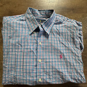 Men's Ralph Lauren Button Down Shirt Size L Blue Pink Plaid Slim Fit